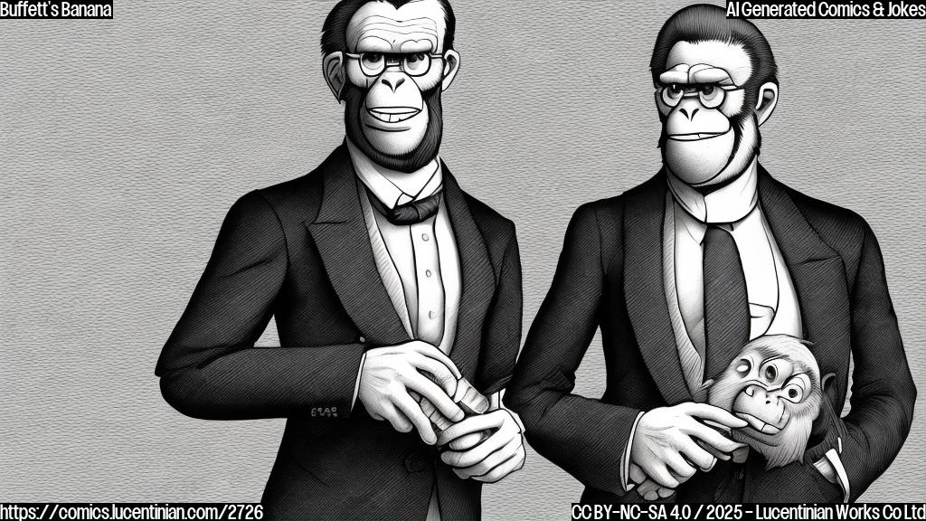 A cartoon drawing of a wealthy-looking ape in a suit, holding a banana. The ape should be wearing glasses and have a thoughtful expression.  The background should be a simple, plain color, like light grey. The style should be simple and clean, and the colors should be muted.