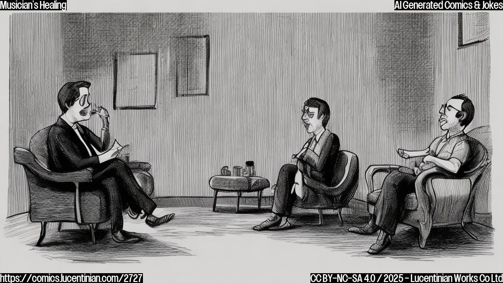 A cartoon drawing of a person sitting on a couch talking to a therapist, in plain color style