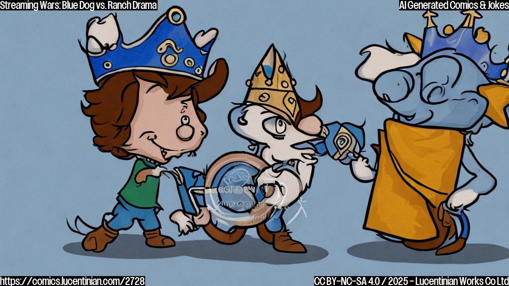 A cartoon drawing in plain colors, showing a small blue dog wearing a tiny crown and holding a streaming award, next to a frustrated cowboy with a tumbleweed in his hand, the background is plain light blue. The style is simple, not detailed, the colors are mainly blue, brown, and light blue.