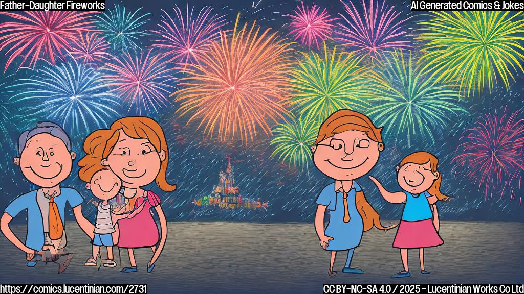 A simple cartoon drawing in a single color, depicting a father and daughter smiling, standing against a backdrop of colorful fireworks, presented in a simple, childlike style.