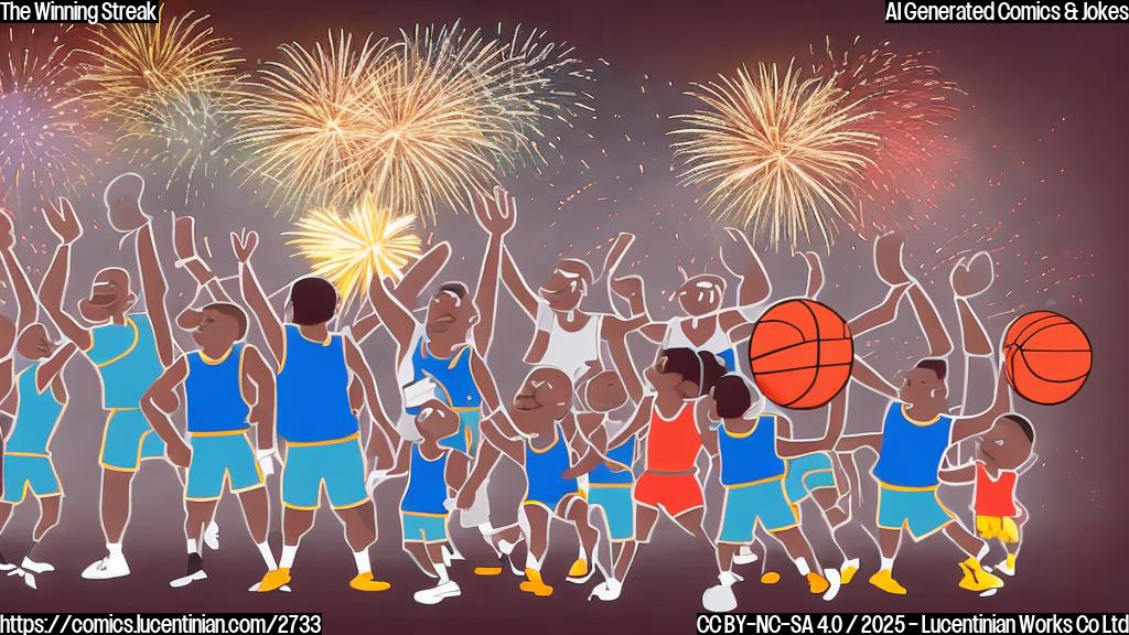 A cartoon drawing of a basketball team in simple plain colors, high-fiving each other and smiling jubilantly, with a background suggesting a basketball court and fireworks in the sky.