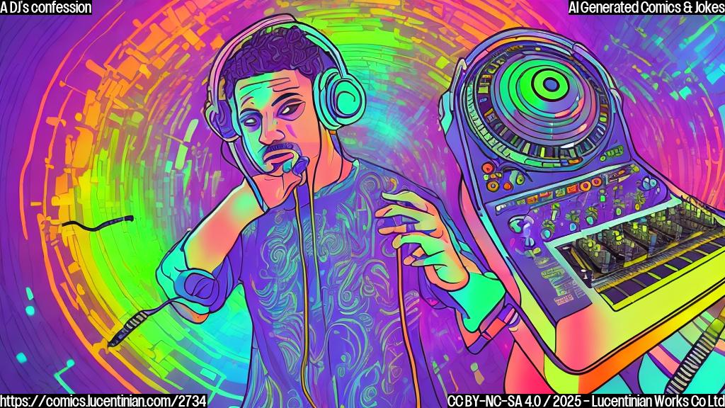 A cartoon of a DJ with wide, surprised eyes behind a mixing console, colorful lights flashing around him, in a simple, plain color style.  The DJ is wearing headphones and a vibrant shirt; psychedelic swirls subtly around the edges of the drawing