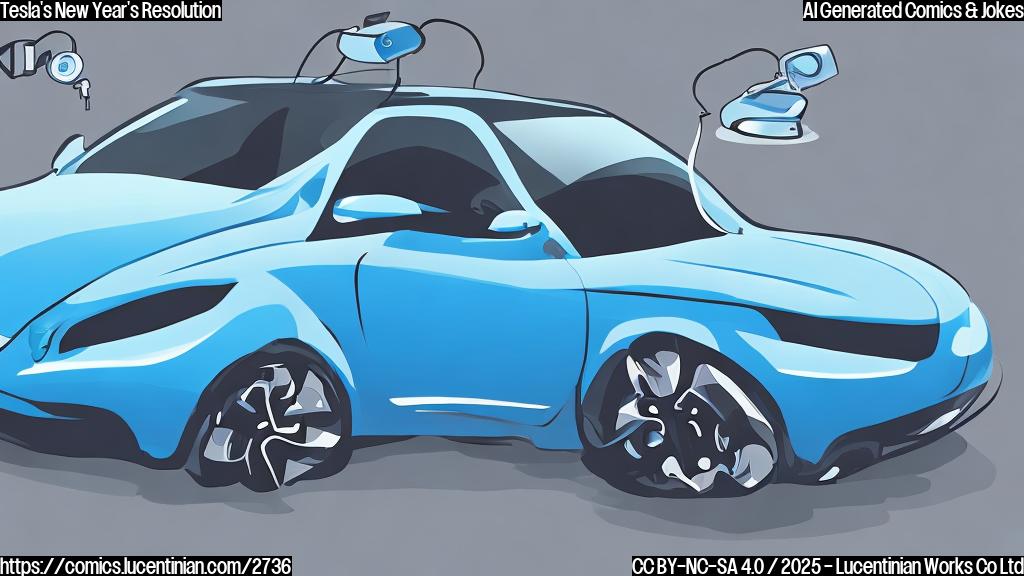 A simple cartoon of a sad looking electric car with a speech bubble saying "I need to deliver more cars next year!". The background is plain and light blue.