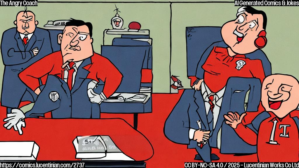 A simple cartoon of a football coach with a red face, wildly gesturing, standing in front of a desk with a stern-looking principal seated behind it. The style should be plain and use only primary colors.