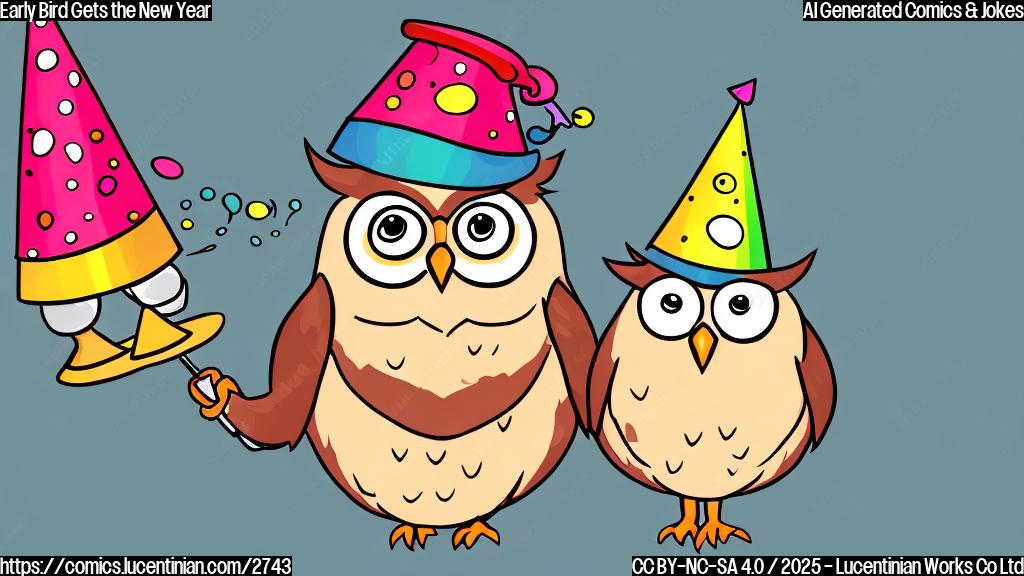 A cartoon owl wearing a party hat and holding a tiny champagne glass, simple plain colors, flat style