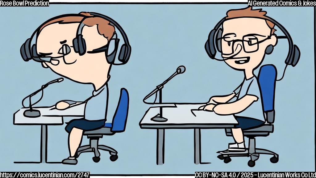 A simple cartoon of a person wearing a headset and glasses sitting at a desk in front of a microphone. The background is a plain light blue color.