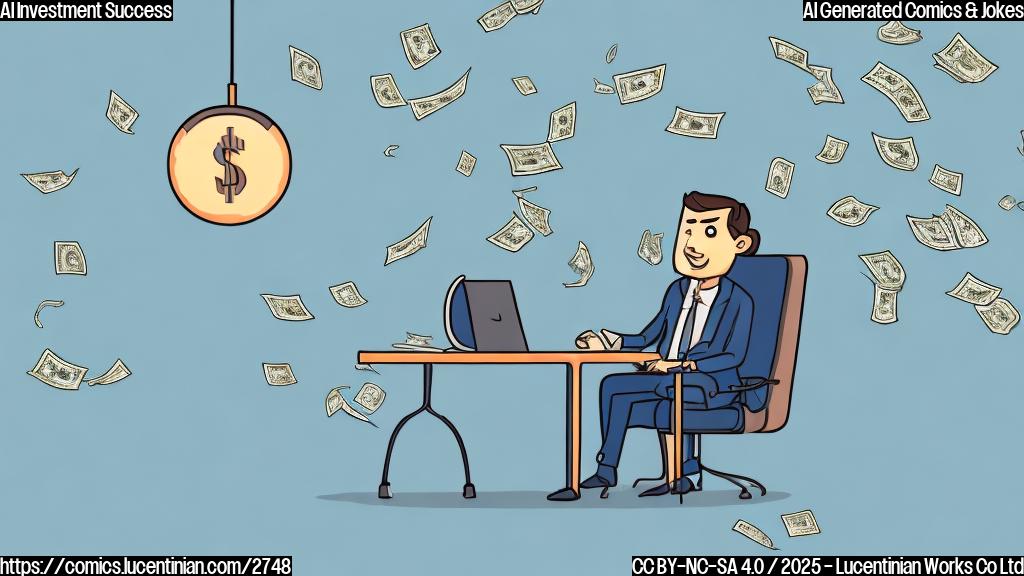 A cartoon of a person in a suit sitting at a desk, looking dreamy with dollar signs floating around their head. The background is a simple plain light blue color. The style is simple and flat, with minimal detail.