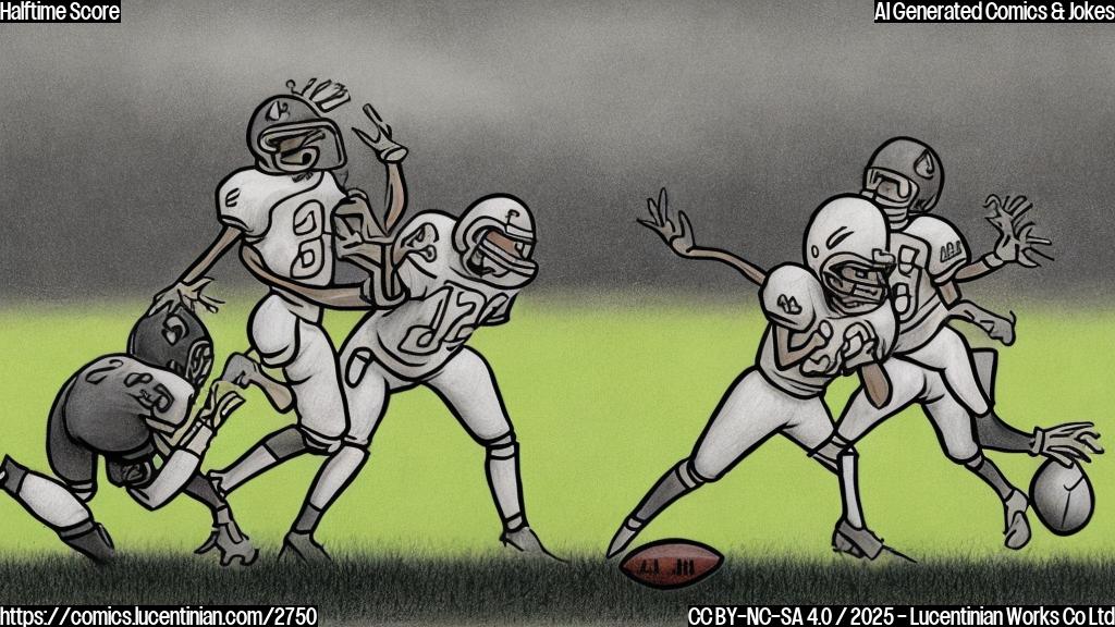 A simple cartoon drawing in plain colors depicting two football teams, one in dark colors and the other in light colors, close to each other on a field.  The score on the scoreboard should show a very close score (e.g., 14-13). The style should be similar to that used in children's storybooks.