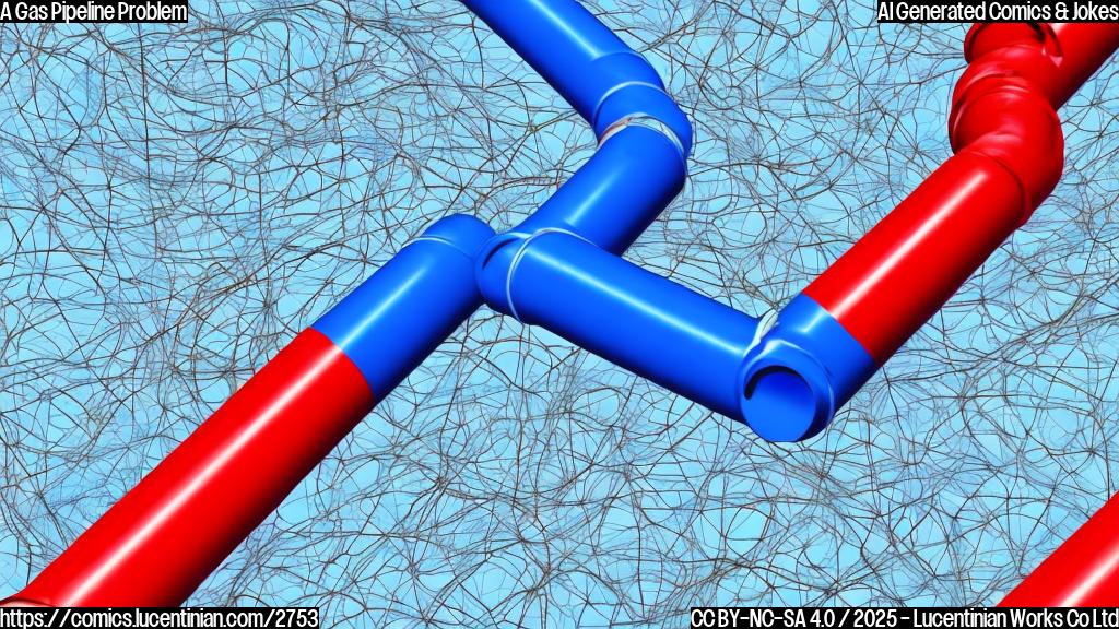 A cartoon drawing of two pipelines, one blue and one red, sadly separated.  Simple background, plain colors.  Blue pipeline has a sad face, red pipeline has an angry face.