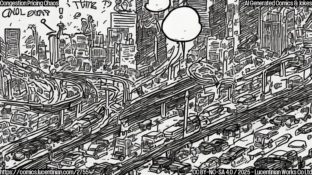 A cartoon drawing in plain colors of a frustrated-looking governor in a suit pointing accusingly at a large, congested highway leading to a city skyline, with smaller cartoon cars honking and text bubbles showing dollar signs and "toll".