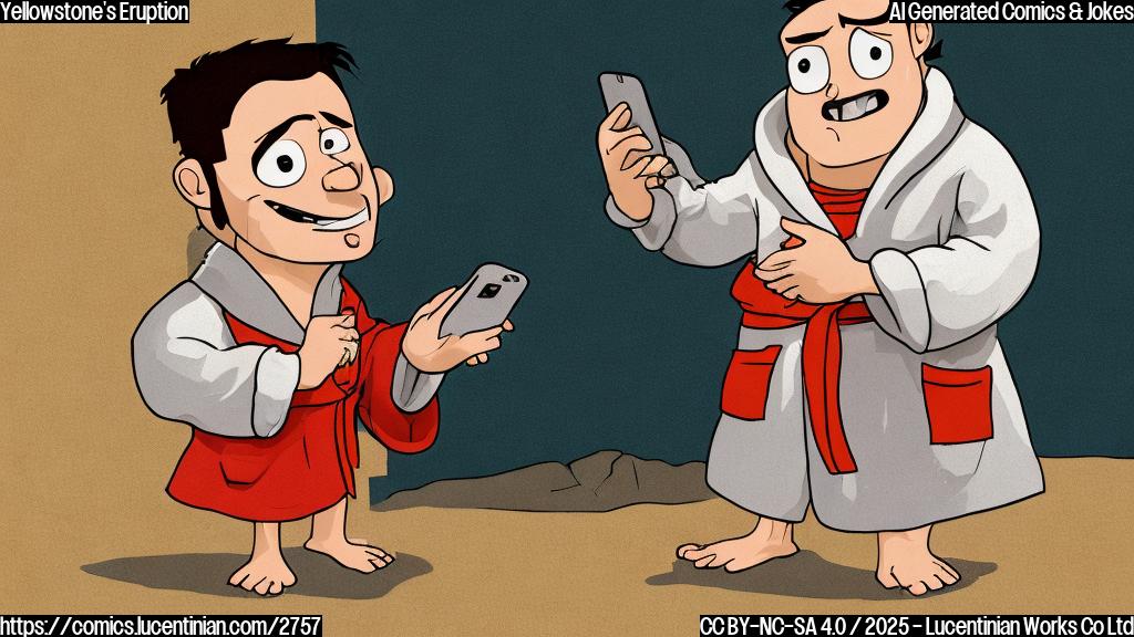 A cartoon of a volcano wearing a bathrobe and slippers, looking stressed and holding a phone to his ear, plain color, simple background