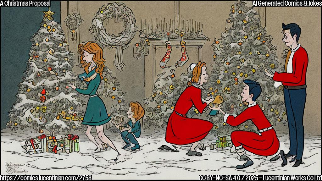 A simple cartoon drawing in plain colors of a man kneeling down in front of a woman, holding a ring box in his hand. The background shows a decorated Christmas tree. The style should be similar to the style of a children’s book. The scene shows the couple is happy and relaxed. No specific character's faces, clothing or ornaments are required, only simple shapes for faces and a plain color design for clothes, etc.