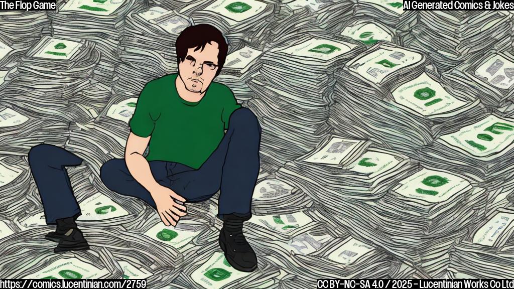 A simple cartoon of a sad looking game developer sitting in front of a pile of $200 million dollar bills surrounded by empty game boxes. Plain color cartoon style.