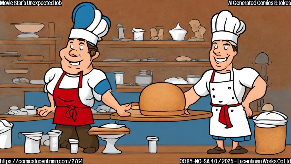 A cartoon drawing in plain colors of a muscular man wearing a baker's hat and apron, happily kneading dough. The background is a simple bakery interior with flour sacks and ovens.