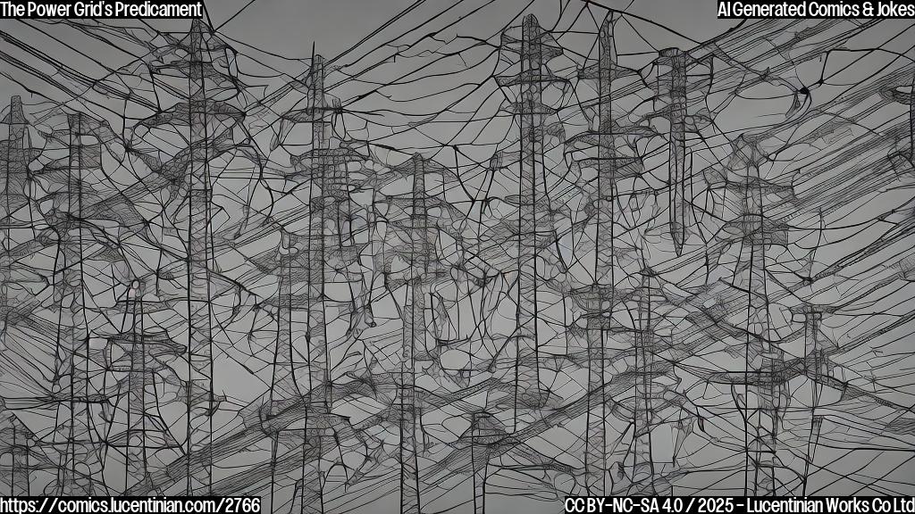 A cartoon drawing, plain colors, of a sad looking power grid, with lots of electricity wires coming out of it and forming a tangled mess, representing the divorce proceedings, maybe a gavel near the wires, background plain, style cartoon.