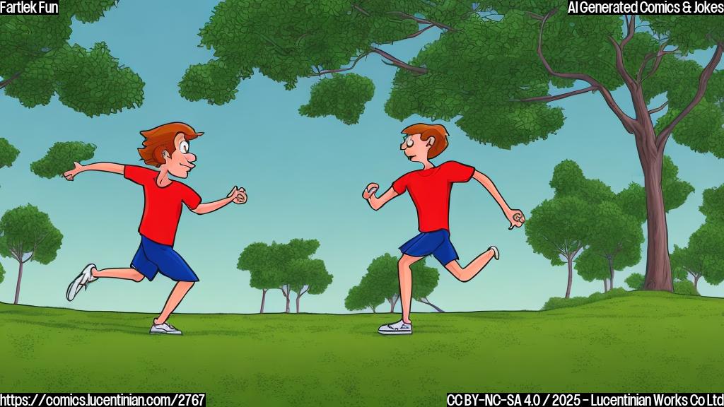 A simple cartoon drawing of a person running in a park. The person is running very fast, with their arms pumping and their legs moving quickly, while their face has a determined expression. The style is plain color, without shadows, gradients, or textures, only outlines. The background is a simple green park with a few simple trees and a path.