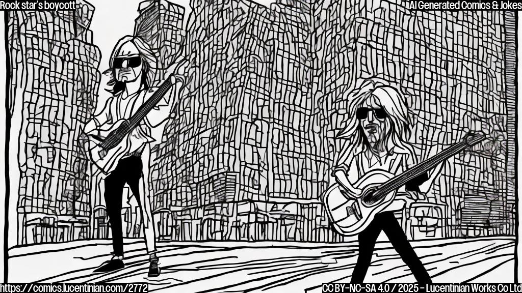 A cartoon drawing in plain colors of a rock star with long hair and sunglasses, holding a guitar, looking disapprovingly at a large, faceless corporate building in the background. The building is a dull gray color and has many windows. The style is simple and childlike, with thick outlines and minimal detail.