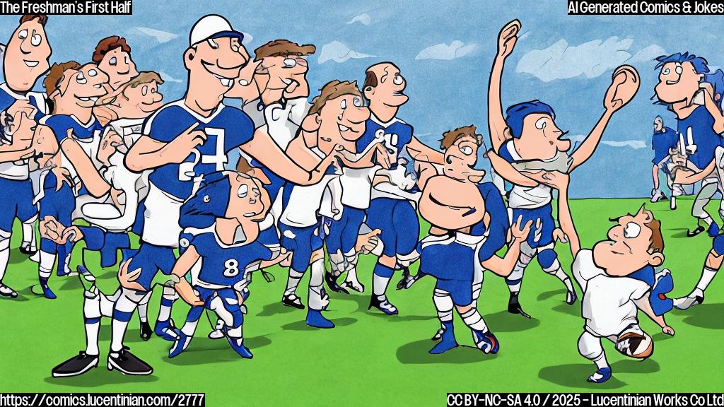 A simple cartoon drawing of a football player looking at his watch while standing on a football field, other players behind him are celebrating. The cartoon style is plain, using only solid colors. The background is a single color, as is the player and his clothes.