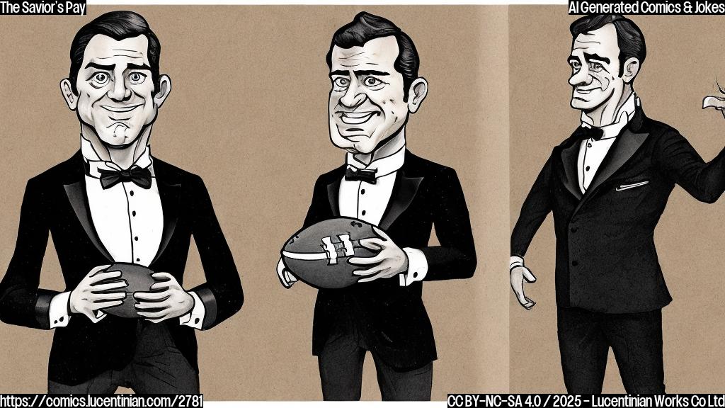 A cartoon of two figures. The figure on the left is wearing a tuxedo, holding a large check, looking smug. The figure on the right is wearing a football uniform, holding a small, scuffed-up football, looking slightly disappointed. Both figures are drawn in plain color, without complex backgrounds.