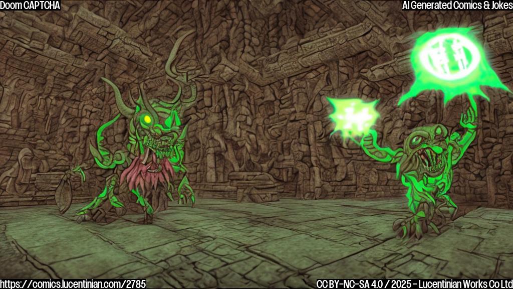 A plain colored cartoon of a demon from the game "Doom" looking frustrated in front of a computer screen showing a CAPTCHA.  The demon is green with horns and is wearing a chainmail-like armor. The CAPTCHA is something complex and hard to read.