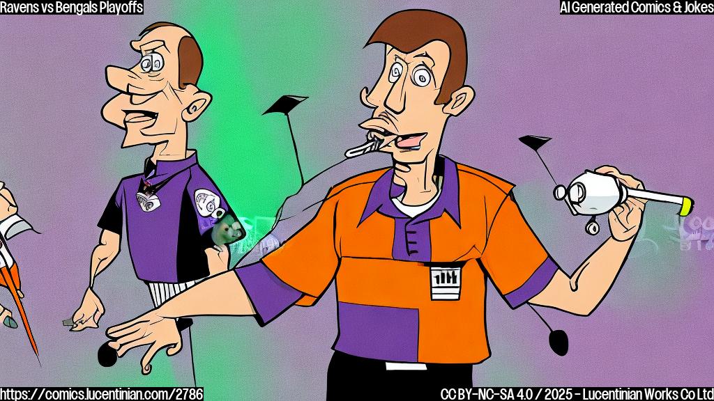 A cartoon drawing of a referee with a confused expression, wearing a striped shirt and blowing a whistle, in a plain color style, with black outlines and white background. Two teams, one in purple and another in orange, are clashing behind him in a blurry way, without detailed faces or other features, showing a chaotic struggle.