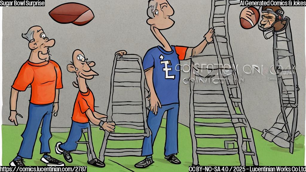 A cartoon drawing in plain color style of a football coach with a ladder next to a very tall football player.