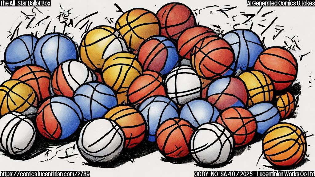 A simple cartoon drawing in plain colors, of a ballot box overflowing with basketballs, with two slightly larger basketballs labeled "Jokic" and "Giannis" prominently displayed on top. The style should be reminiscent of old-fashioned political cartoons.