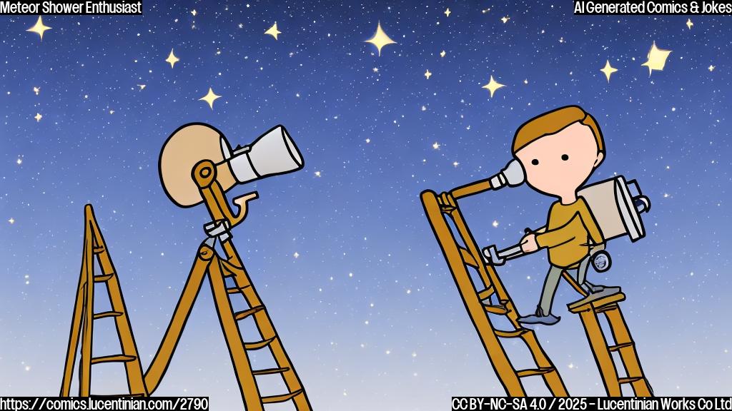 A cartoon drawing of a person with a telescope and a ladder looking up to a night sky with many shooting stars in plain color style