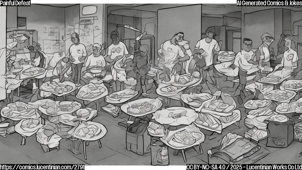 A cartoon illustration in plain colors, showing a group of dejected sports players sitting around in a locker room, surrounded by untouched pre-prepared meals in foil containers. The background should be a simple plain color.