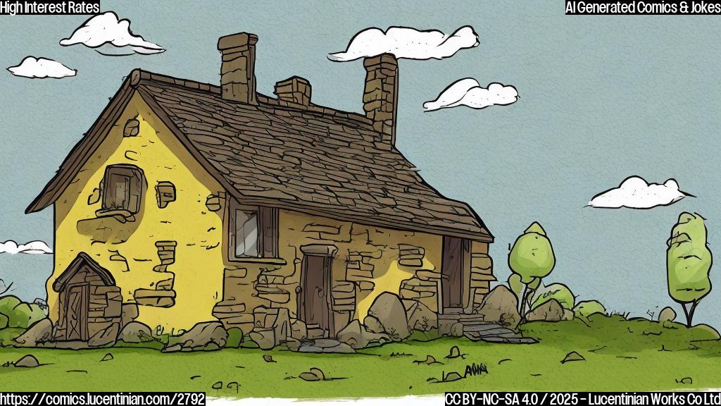 A cartoon drawing of a simple house with a sad face, drawn in a plain color style, background color is light yellow