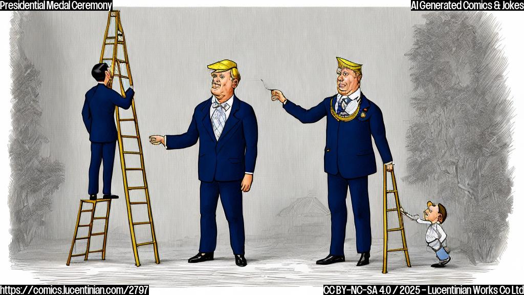 A cartoon drawing of a president in a simple blue suit standing on a ladder to give a medal to a person who is in a floating position. The medal and ladder are gold. Plain background.  Simple line art.