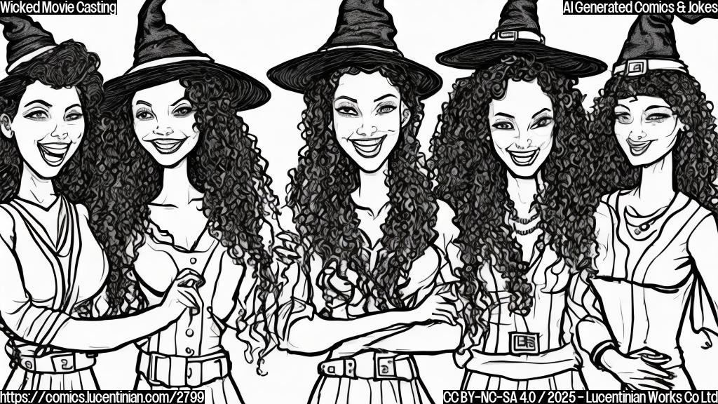 A cartoon drawing in plain colors of three women. One is tall with long hair, another is short with curly hair and another one is wearing a witch hat. They all are smiling. Background is plain grey. The style of the image should be plain, simple and in plain color