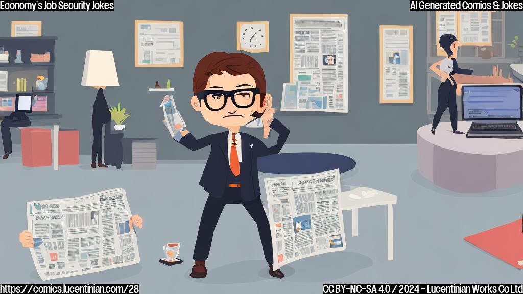 A tiny, bespectacled figure with a worried expression is shown holding a briefcase and looking at a job listings newspaper. In the background, there are people working peacefully at their desks, while others are doing yoga or playing games. The image should be in a simple, cartoon-style, and feature a plain blue color palette.