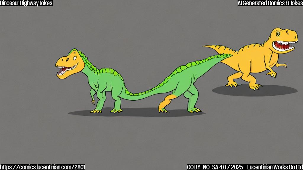 A simple cartoon drawing of a dinosaur crossing a road. The road is light gray, the dinosaur is green, the background is light orange. The style should be plain color cartoon style