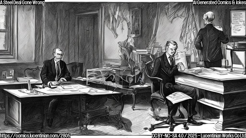 A cartoon of a president sitting at a desk, looking sternly at a document labeled "$15 Billion Steel Deal". The president has a slightly worried expression, and a small steel trap is visible in the corner of the desk.