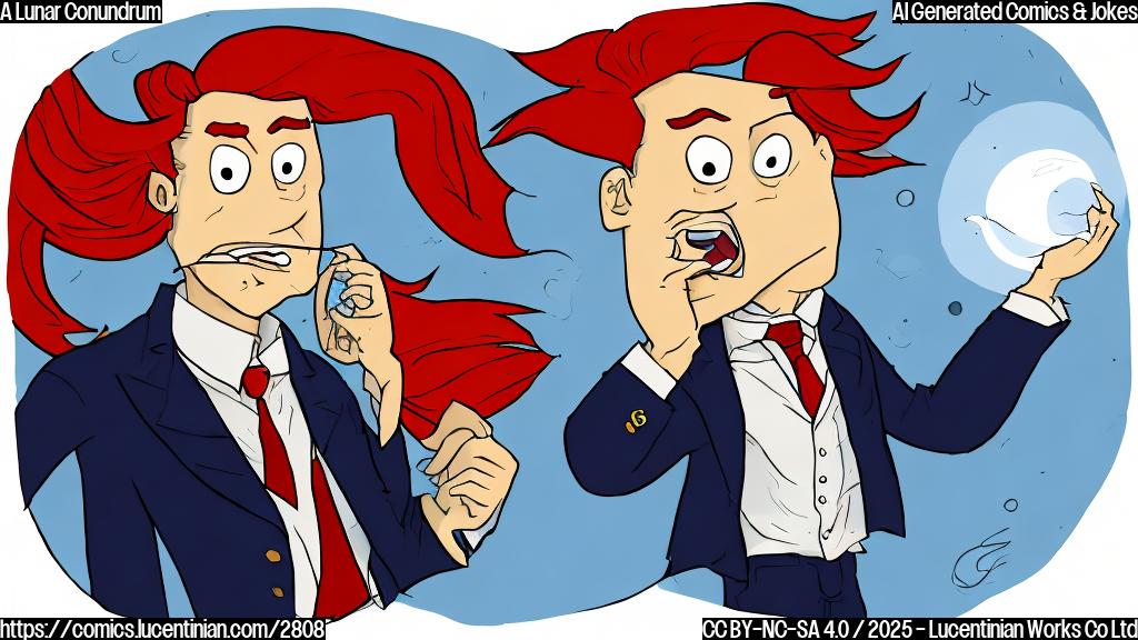 A simple cartoon of a frustrated-looking person with fiery red hair, wearing a suit and carrying a briefcase, glancing at a pocket watch and then up at a crescent moon in the sky. The background is a simple light blue.  Colors should be limited to red, blue, black, white and yellow.