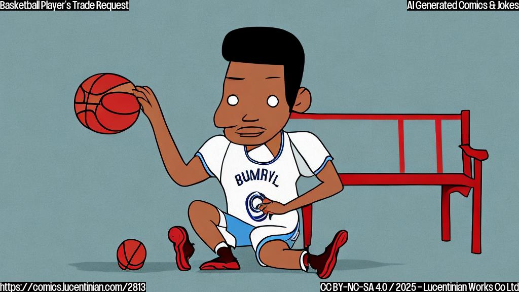 A simple cartoon drawing of a sad basketball player wearing a jersey with the letter M, sitting on a bench with a forlorn expression.  The background should be a plain light blue. The style should be minimalist with only solid colors and no shading or complex details.