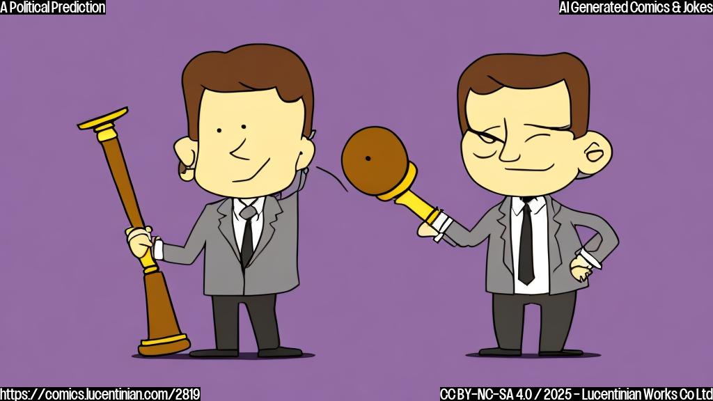 A simple cartoon of a person holding a small gavel while wearing a suit, looking confident but slightly arrogant. The background is a simple plain yellow.