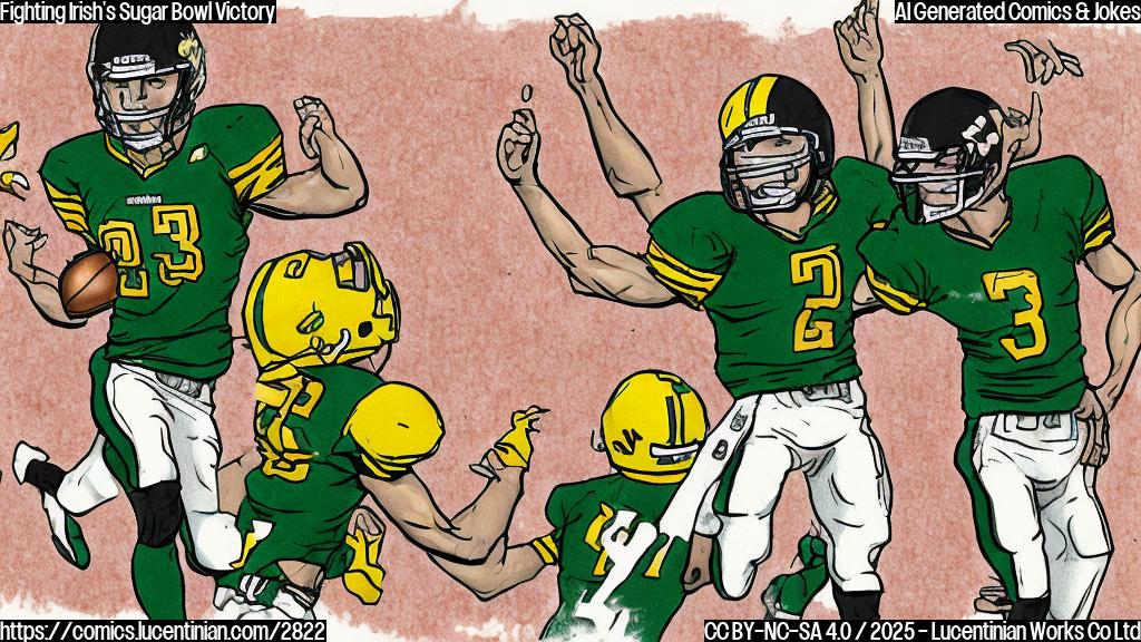 A cartoon drawing in plain colors of two football players celebrating a victory, one in green and gold uniform, another in red and black uniform, the number 23 marked on the field, the background is a stadium, and a scoreboard showing 23-10.