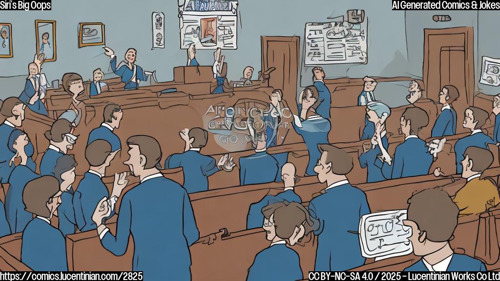 A cartoon drawing in a plain color style of a digital assistant (a blue circle with a smiling face) in a courtroom surrounded by several frustrated people. The scene should depict the digital assistant having to pay money in a settlement. The digital assistant is wearing a tiny suit.