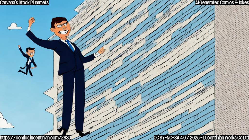 A simple cartoon of a person in a business suit jumping out of a tall building window, with a simple background of a plain sky.  Use only solid colors with no gradients or shading.