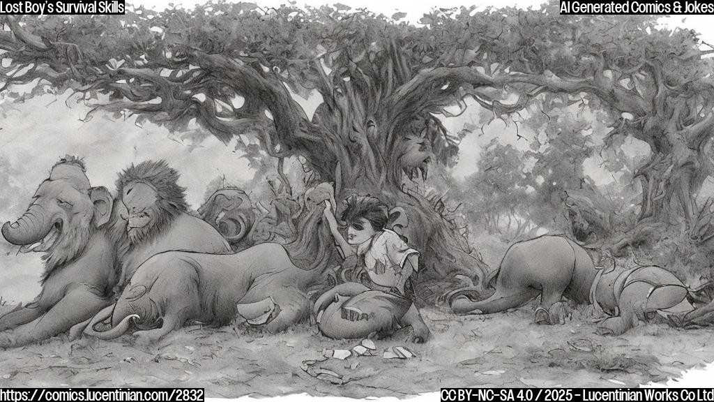 A cartoon drawing in plain color style of a young boy with scruffy hair and torn clothes sitting under a large tree, looking tired but relieved.  In the background, stylized silhouettes of lions, hippos, and elephants are visible.