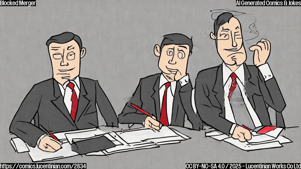 A simple cartoon drawing of two sad businessmen, one wearing a kimono, the other wearing a suit, sitting at a negotiating table with a large red "BLOCKED" sign above them. The background should be a plain light gray color. The style should be simple and flat, with no shading or gradients. Use only primary and secondary colors.