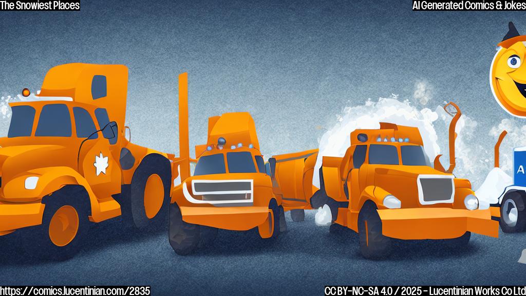 A simple cartoon of a snow plow with a large smile wearing a tiny graduation cap, next to a line of smaller and sad snowplows. Plain color background.