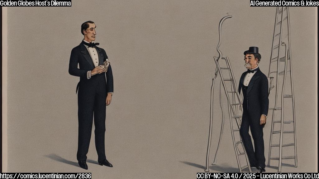 A cartoon of a person in a formal dress standing on a ladder looking down at other people in tuxedos, in simple solid colors and a minimalist style.