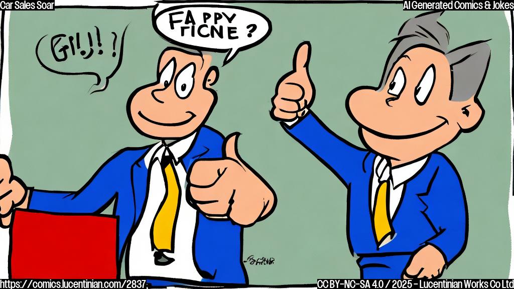 A simple cartoon drawing of a happy car salesman giving a thumbs up, in plain colors