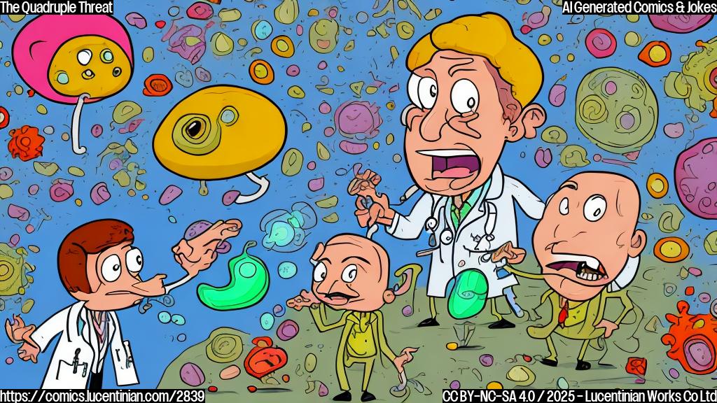 A cartoon drawing in plain color style of a doctor shaking his head while four tiny cartoon microbes with different shapes and colors (red, blue, yellow, green) stand around him with angry expressions. 