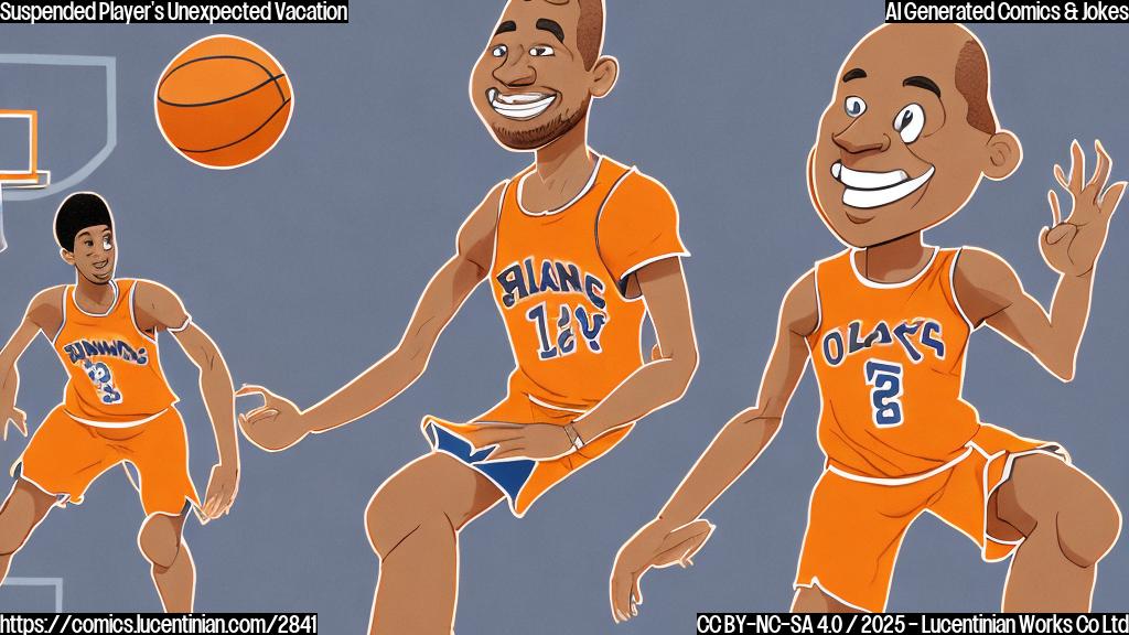 A cartoon drawing of a basketball player wearing a jersey and shorts packing a suitcase, with a sad and happy face at the same time. The background is a plain orange color.