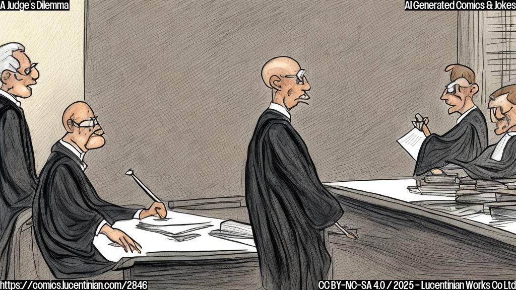 A plain color cartoon of a judge in a courtroom sitting on the bench, confused and looking around. A lawyer is standing before him calmly. The gavel is out of place somewhere in the courtroom.  All the characters should be drawn in a simple style using only primary and secondary colors.