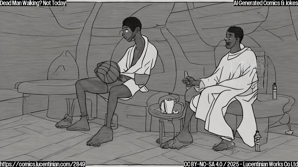 A cartoon drawing in plain colors of a relaxed basketball player in a robe and slippers,  sitting in a sauna with a cup of tea, completely ignoring a menacing figure in the background.  The background figure is shadowy and vaguely basketball-related, with sharp angles.